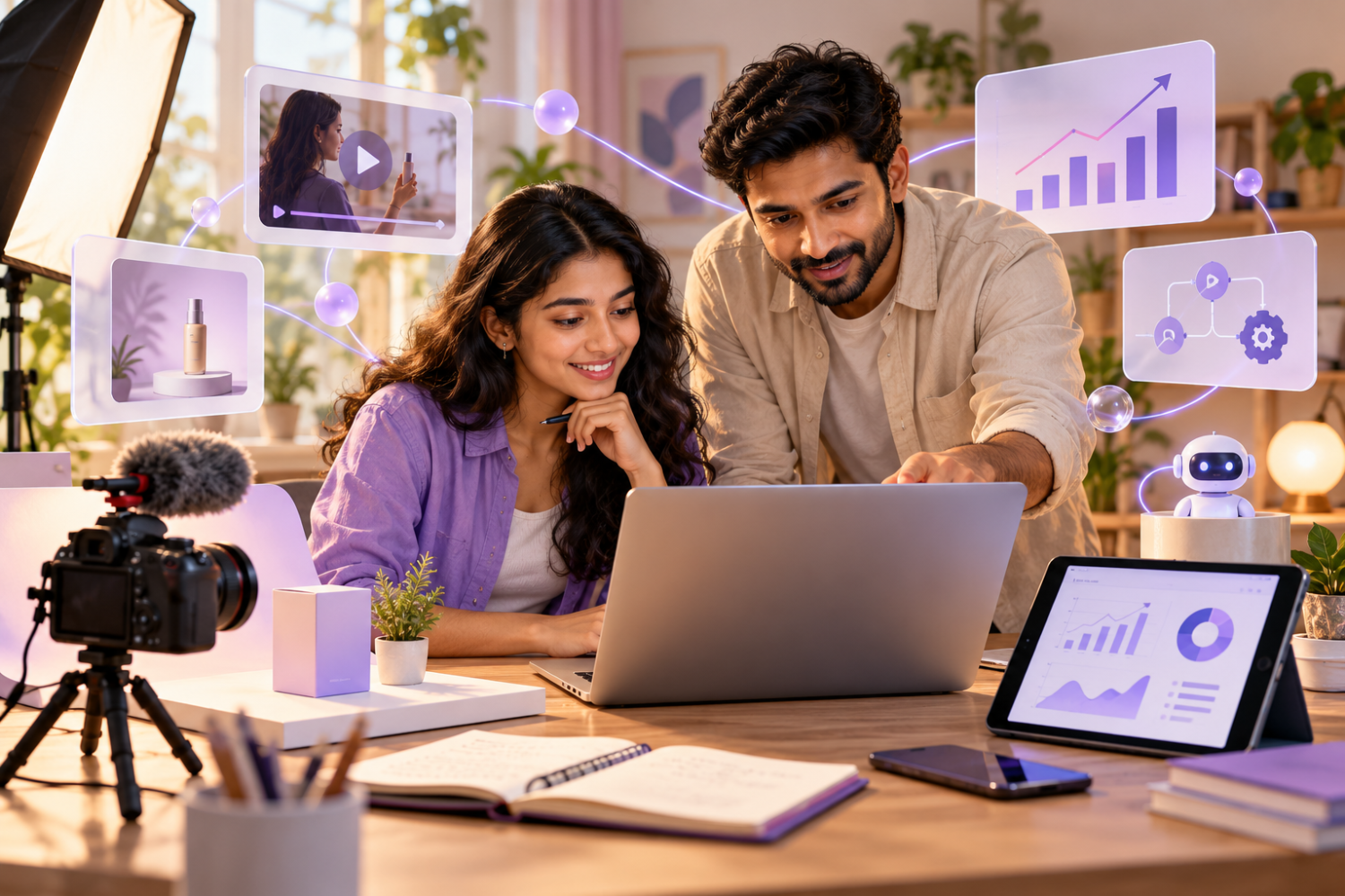Indian learners working together on an AI-assisted digital marketing campaign and analytics dashboard