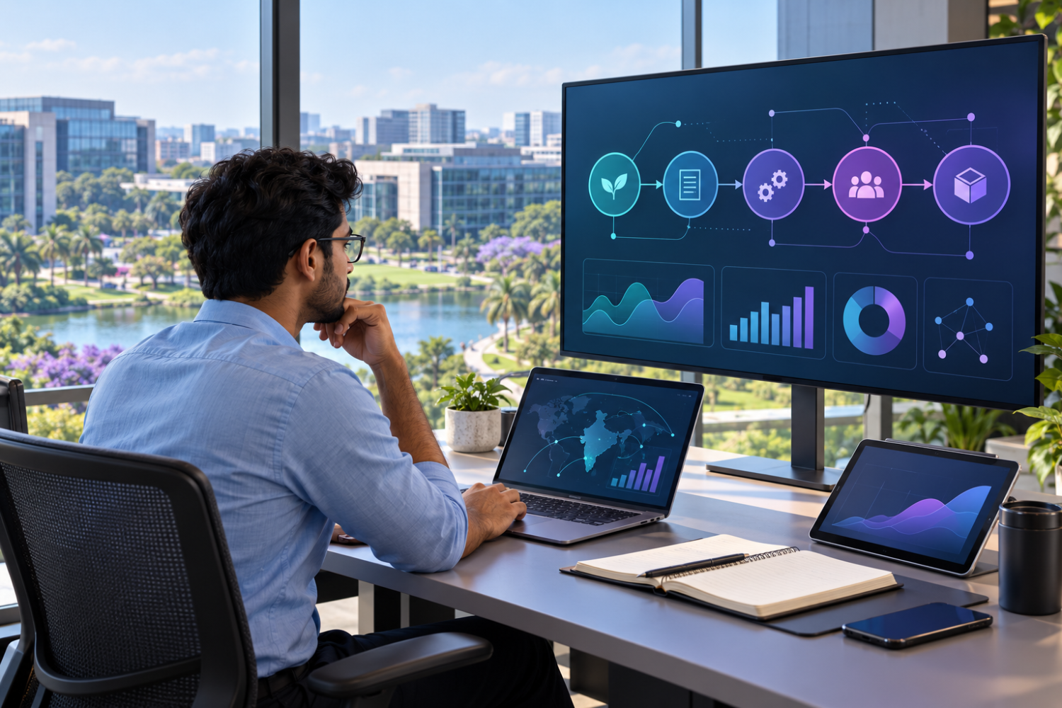 Concept illustration of Source-to-stage dashboard for a professional service near Magarpatta — AI digital marketing course in Magarpatta