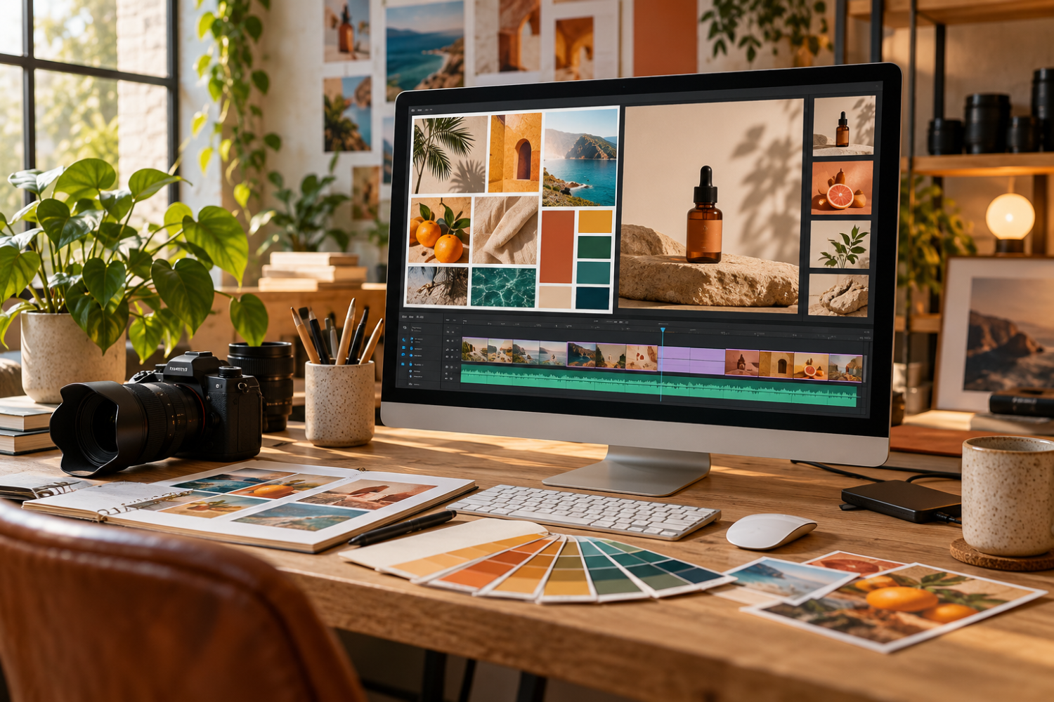 Illustrative campaign creative and video editing workspace